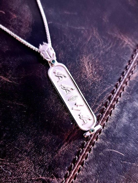 Emerald Sterling Silver Cartouche Necklace: Personalized Egyptian Name  Pendant