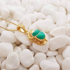 Medium Scarab Necklace, Green Tourqise Gold over Sterling Silver,  Scarab Pendant, Beetle Necklace, Egyptian Scarab Jewelry