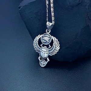 Scarab Necklace, Sterling Silver Oxidized Scarab, Winged Scarab Pendant, Egyptian Scarab Jewelry.