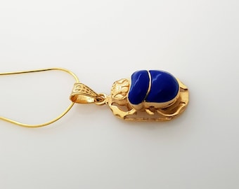 Small Lapis lazuli Scarab Necklace, 14k Gold Vermeil Scarab Necklace, Blue Scarab Pendant, Egyptian Beetle Jewelry.