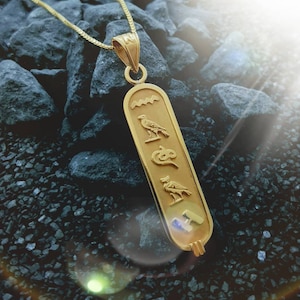 Double Sided Gold Cartouche Necklace, Your Name in Heiroglaphic & English, Personalised Cartouche Pendant, Customized Cartouche Jewelry