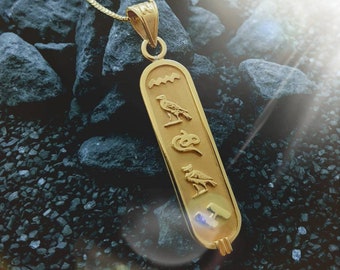 Double Sided Gold Cartouche Necklace, Your Name in Heiroglaphic & English, Personalised Cartouche Pendant, Customized Cartouche Jewelry