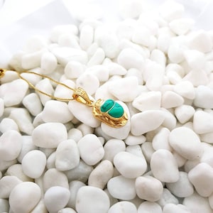 Small Scarab Necklace, Green Tourqise Gold over Sterling Silver,  Scarab Pendant, Beetle Necklace, Egyptian Scarab Jewelry