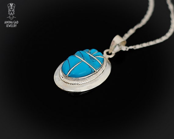 Large Turquoise Scarab Necklace Sterling Silver Scarab Pendant