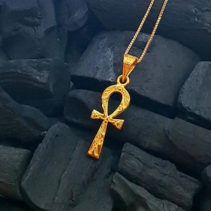 Gold Ankh Necklace, 14k Gold Vermeil over Sterling Silver, Heiroglaphic Ankh Pendant, Egyptian Cross, Winged Sun Ankh.