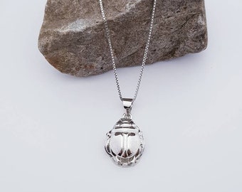 Small Sterling Silver Scarab Necklace, Egyptian Scarab Luck Charm Necklace, Unique Scarab Jewelry