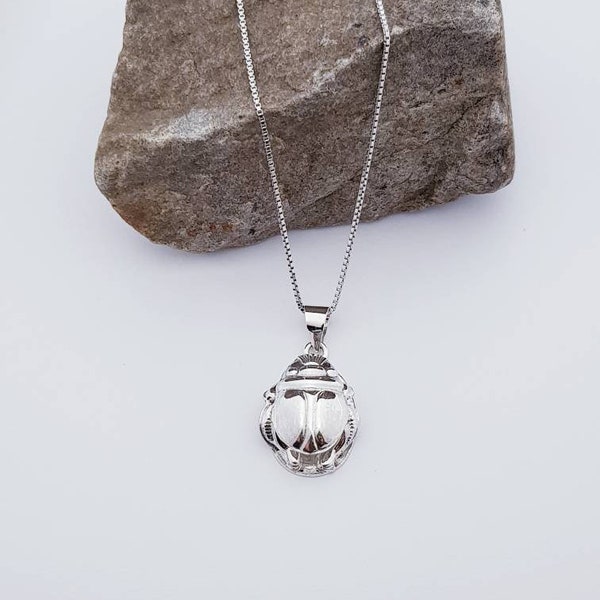 Small Sterling Silver Scarab Necklace, Egyptian Scarab Luck Charm Necklace, Unique Scarab Jewelry