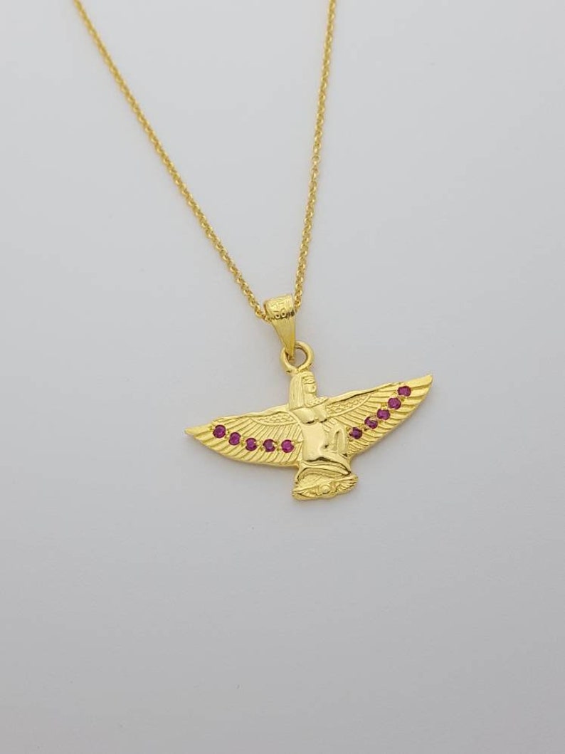 Large Isis Gold Necklace 14k Gold Vermeil Over Sterling Silver /& Red Ruby Handmade Egyptian Goddess Isis Pendant.