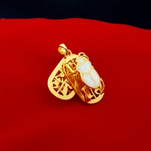 White Opal Scarab Necklace, 14k Goldfilled over Sterling Silver, Scarab Pendant, Double Sided Scarab.