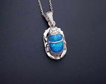 Halsband med blå opal, scarab-halsband i sterlingsilver med egyptisk skalbagge