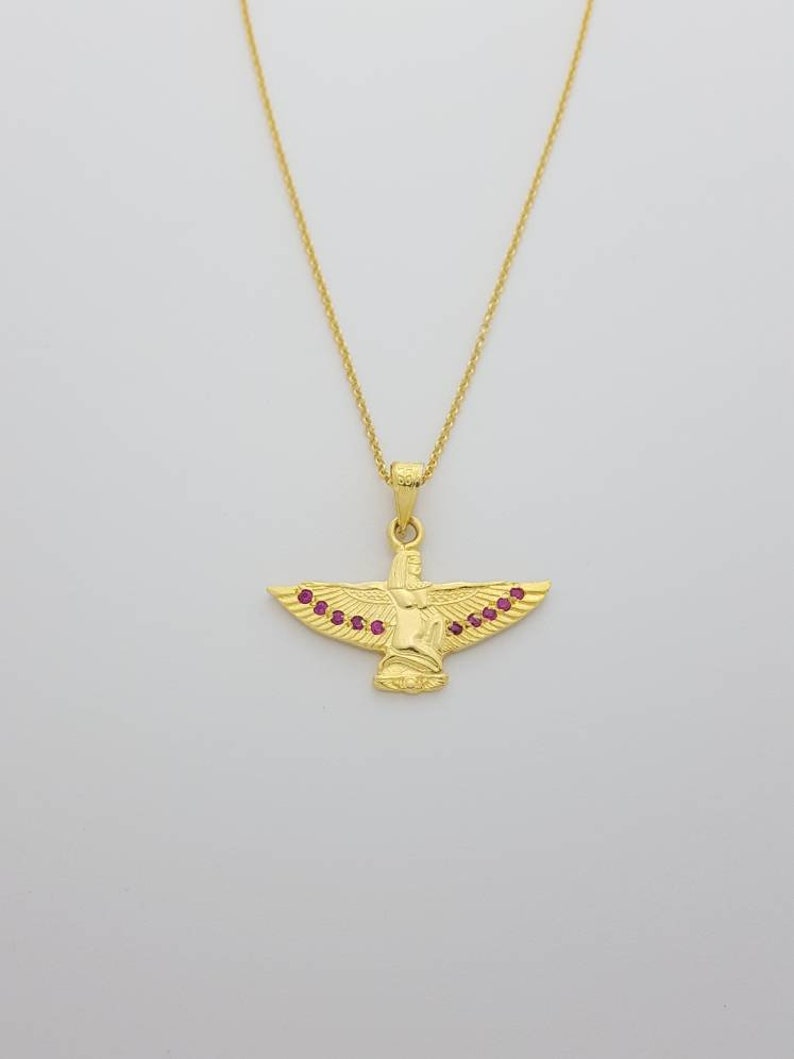 Large Isis Gold Necklace 14k Gold Vermeil Over Sterling Silver /& Red Ruby Handmade Egyptian Goddess Isis Pendant.