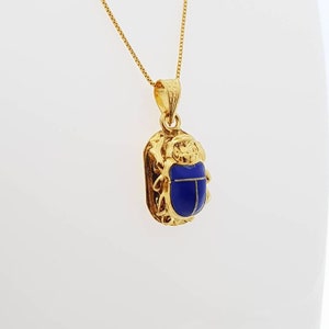 Large Scarab Necklace, 14k Gold Vermeil Over Sterling Silver, Blue Enamel Scarab Pendant, Scarab Egyptian Luck Charm, Scarab Jewelry