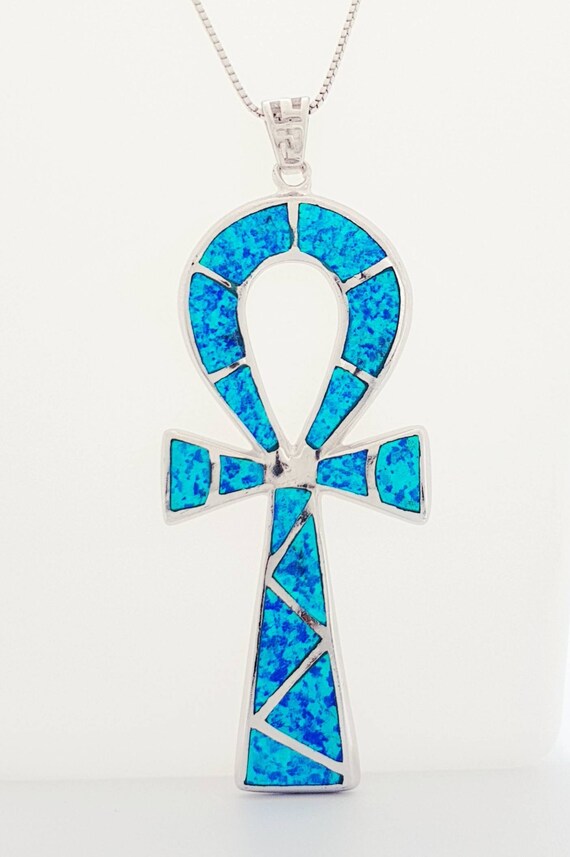 Blue Opal Sterling Silver Ankh Pendant: Egyptian Key of Life