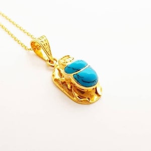 Large Blue Turquoise Scarab Necklace, 14k Gold Vermeil Scarab Pendant, Doublesided Egyptian Beetle Necklace, Royal Scarab Jewelry