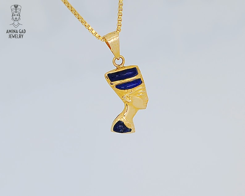 Egyptian Necklace. 14k Gold Vermeil Over Sterling Silver with Blue and Turquoise Enamel Small Double sided Gold Nefertiti Necklace
