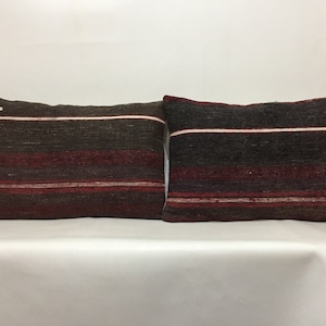 Vintage Kilim Pillow Cover Pair: Bohemian Organic Wool Cushion (14 x 24)