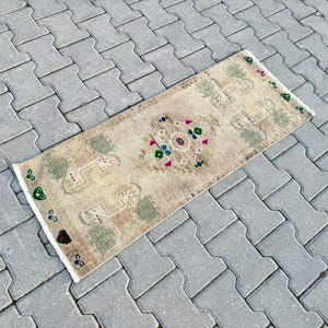 Antique Rug Carpet, Vintage Turkish Small Rug, Anatolian Pillow Rug, Lovely Yastik Rug, Bath Mat Rug, Entry Decor Rug,Neutral Tinies 18”x45”