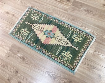 Handmade Wool Turkish Rug: Bohemian Small Carpet, 18x34 Inches