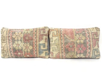 Pair Vintage Handwoven Wool Lumbar Pillow Covers: Boho Accent Pillows (10x16)