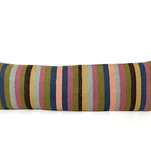 Handwoven Organic Wool Kilim Lumbar Pillow Cover: Turkish Boho Striped Pillow, 16” X 44”