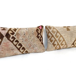 Farmhouse Home Decor, Kilim Lumbar Cover, Vintage Handmade Turkish Kilim Pillow Cover, Bedding Pillow Cover, Brown Beige Pillow, Pair Pillow
