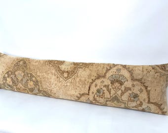12x50 Long Lumbar Pillow, Handmade Antique Rug Lumbar, Wool Bed Pillow
