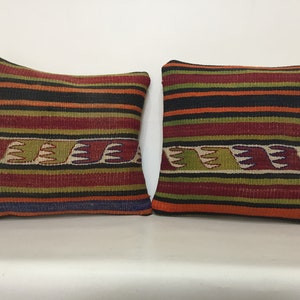 Pair Vintage Kilim Pillow Covers: 16x16 Organic Wool Cushion