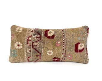 Neutral Light Brown Carpet Pillow, Bedding Turkish Pillow, Bench Cushion 10x22 inch