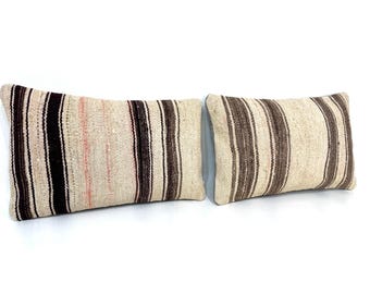 Par de fundas de almohada Kilim hechas a mano, almohada de lana orgánica para silla, cojines de cama, almohada para sofá.