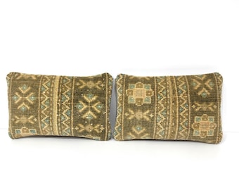 Handmade Turkish Lumbar Pillow Covers, Organic Wool Lumbar Cushion 10x16, Small Pillow Cover, Chair Cushions PatchworkStyle
