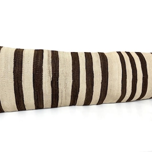 Vintage pillow cover, 12x40 Long Pillow cover, Kilim pillow cover, Bed pillows, Cream wool with natural brown striped, Long cushion cover