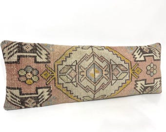 Handwoven Organic Wool Bed Pillow Cover, Vintage Boho Cushion Cover, Long Lumbar Pillow Cover 14x38