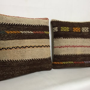 Pair Vintage Kilim Pillow Covers: Organic Wool Lumbar Cushion (18x18)