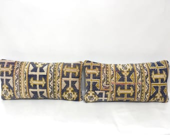 Pair Vintage Kilim Pillow Covers: Organic Wool Lumbar Pillows (12x24 inch) Pathcwork Design Pillow
