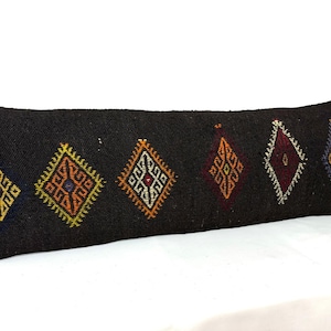 Vintage Black Wool Lumbar Pillow Cover: Turkish Oushak Rug, 8x20 Inches