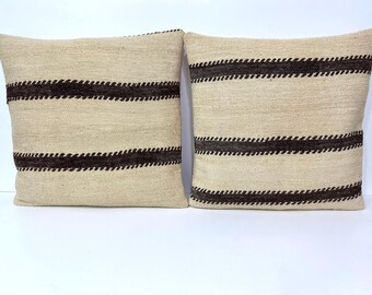 Pair of Organic Wool Kilim Pillow Covers: Bohemian Woven Throw Pillows (24x24)