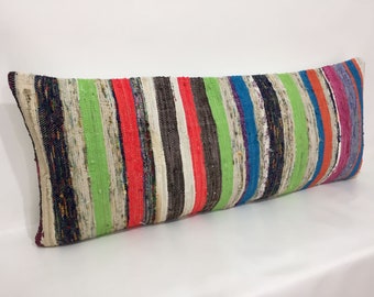 Vintage Striped Kilim Lumbar Pillow Cover: Turkish Wool Boho Decor (16” X 40”)