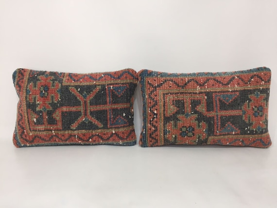 Pair Vintage Wool Kilim Pillow Covers: Handwoven Lumbar Pillows