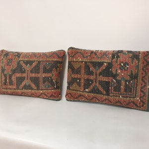 Pair Vintage Wool Kilim Lumbar Pillow Covers: Bohemian Couch Pillows (11x16)
