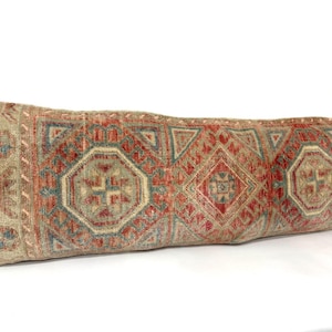 Antique Carpet Rug Lumbar Pillow Case, Handmade Muted Color Turkish Extra Lumbar Pillow Cover, Bedding Pillow,15” X 44” Inc Rug Wool Pillows
