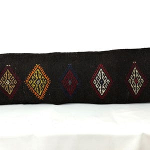 Wool Long Pillow, Black Long Pillow Cover, Handmade Pillow, Extra Long Bohemian Pillow, Goat Hair Wool Pillow, Kilim Lumbar Cover 16” X 52”
