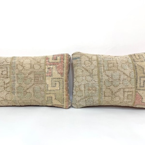 Pair of Organic Wool Patchwork Pillow Covers: Vintage Kilim Cushions