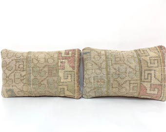 Pair of Organic Wool Patchwork Pillow Covers: Vintage Kilim Cushions