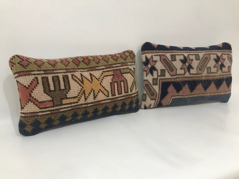 Small Pillow Cover Handmade Two Old Carpet Pillow Cover Turkish Pillow Cover