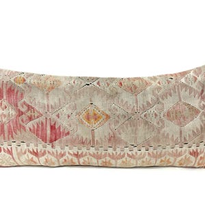 Organic Wool Kilim Pillow Cover: Antique Rug Cushion, Muted Colors (17” X 39”)