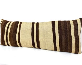 Organic Wool Kilim Pillow Cover: Brown Cream Striped Lumbar Cushion (16x45)