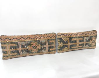 Funda de almohada de alfombra turca: almohada lumbar de lana estilo bohemio vintage (23 x 50 cm)