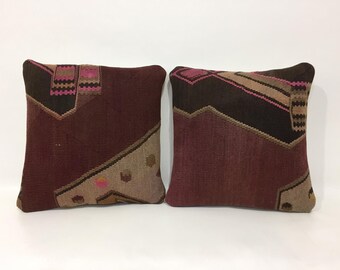 Pair of Organic Wool Kilim Pillow Covers: Turkish Cushion, 16x16 Inches