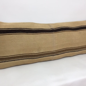 15” X 40” Organic Neutral Kilim Pillow Cover, Natural Sheep Wool Cream Wool with Brown Striped Extra Long Pillow Cover, Bedding Pillow