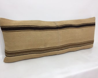 15” X 40” Organic Neutral Kilim Pillow Cover, Natural Sheep Wool Cream Wool with Brown Striped Extra Long Pillow Cover, Bedding Pillow
